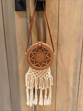 Tan Round Woven Crossbody Bag with Cream Macramé Fringe